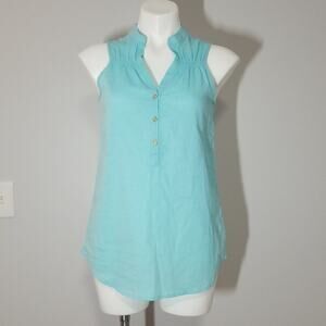 NWT Lauren James Aqua Blue Linen Blend Sleeveless V-neck Blouse